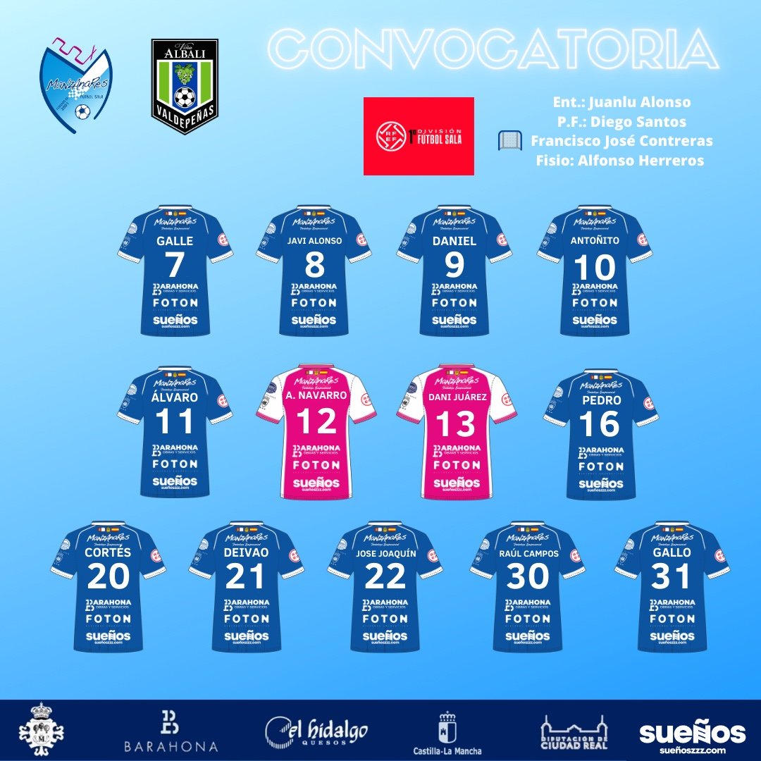 🔵⚪[📝]<a href="/VinaAlbaliFS/">Viña Albali Valdepeñas</a>
7️⃣<a href="/elgalle7/">Juan Rodriguez</a> 
8️⃣ <a href="/Javi10alonso/">Javier alonso</a>
9️⃣<a href="/Dani_Gabriel9/">Daniel</a>
1️⃣0️⃣ #Antoñito
1️⃣1️⃣<a href="/LopezAlvaro11/">Alvaro Lopez</a> 
1️⃣2️⃣ <a href="/Anntonio1_/">Antonio Navarro</a> 🥅
1️⃣3️⃣ #DaniJuárez ©🥅
1️⃣6️⃣ @PedroBeraldo18
2️⃣0️⃣ <a href="/cortesinho10/">Francisco Cortés</a>
2️⃣1️⃣ #Deivāo
2️⃣2️⃣ <a href="/Joselill010/">Joselillo</a>
3️⃣0️⃣ <a href="/17RaulCampos/">Raúl campos</a>
3️⃣1️⃣ #Gallo
Ent:<a href="/JuanluA910/">Juan Luis Alonso</a>
P.F:<a href="/diego_disman/">Diego Santos Sanz</a>