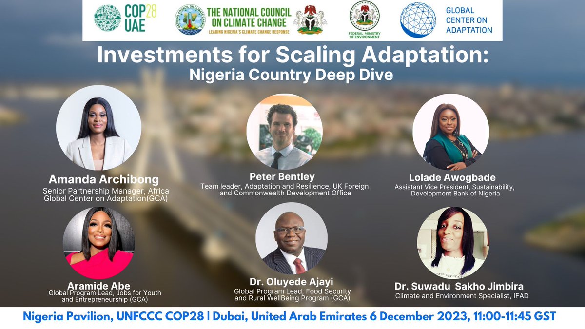 Join me and other speakers for an exciting session tomorrow Wednesday 06 December at the #Nigeria Pavilion as we discuss strategies and opportunities to scale up adaptation finance and solutions in Africa, with a deep dive on Nigeria at the ongoing #CoP28. <a href="/gca/">GOLF Academy</a> <a href="/FMEnvng/">Environment Ministry</a>