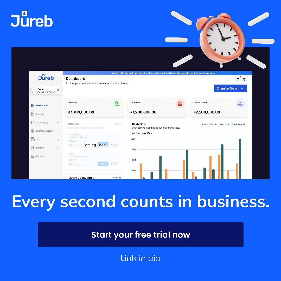 Jureb_Business's tweet photo. Every second counts in business. JUREB's cutting-edge software maximizes your time, from accounting to payroll. Ideal for novice businesses aiming for success! ⏳💼 #TimeOptimization #JUREB https://t.co/D1ILcnNzV2
