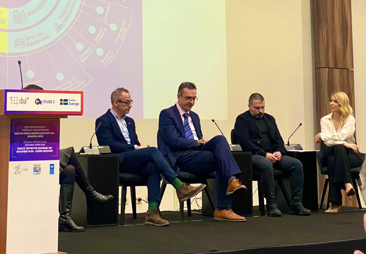 emir_adzovic's tweet photo. Lessons (not)learned. Great panel at 6th Annual Conference "Project Support for Sustainable Development of SMEs in BiH - Lessons (Not)Learnt" organized by @razvojna_Eda and #SERDA in cooperation with @UNDPBiH with the support of @SwedenBiH https://t.co/gY8bh7DmGC