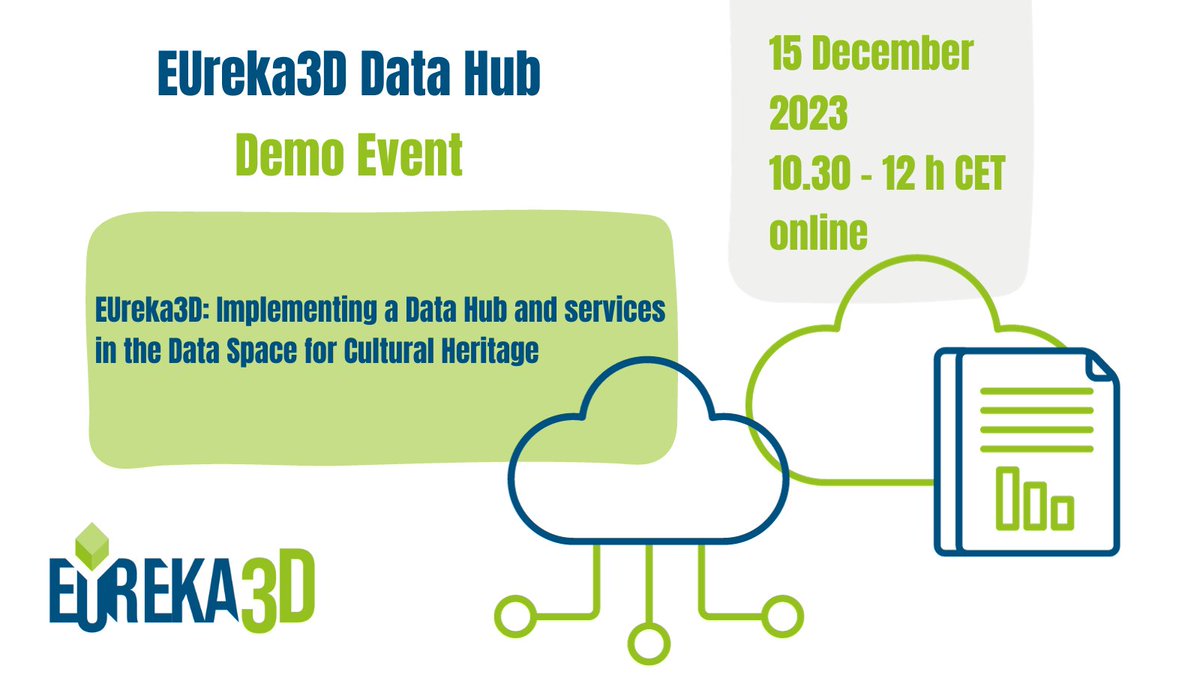 🌐Cultural Institutions are facing challenges about storage, visualisation and preservation of 3D models.

☁️Join the next #EUreka3D demo event and learn more about the EUreka3D Data Hub!

🗓️Friday 15 December, 10.30 – 12h CET online
👉Registrations open! eureka3d.eu/demo-event/