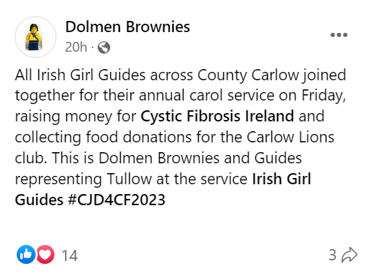 Laura, our Head of Research, is a volunteer leader with the Brownies and Guides in Tullow. On Friday they got on their Christmas jumpers for CF and had a carol service, raising funds for @CF_Ireland #CJD4CF2023