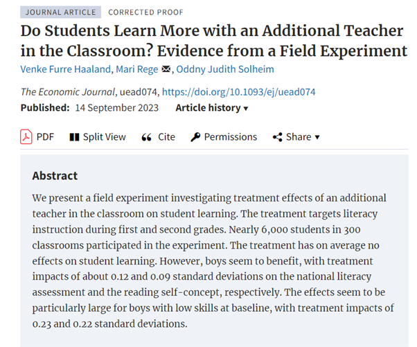 EJ_RES's tweet photo. Forthcoming in EJ: ‘Do Students Learn More with an Additional Teacher in the Classroom? Evidence from a Field Experiment’ by Venke Furre Haaland, Mari Rege, Oddny Judith Solheim https://t.co/I0Y25J5Hxl @unistavanger @lesesenteret @marisrege @RoyalEconSoc #EconTwitter https://t.co/1GW2D9plmH