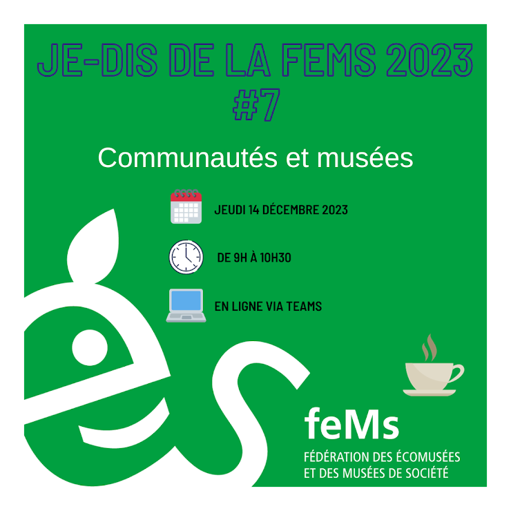 Jeudi 14/12, à partir de 9h (heure de l'Hexagone), j'animerai un JE-DIS de la <a href="/fedfems/">FEMS Fédération des écomusées et musées de société</a> intitulé "Communautés et musées" avec Julia Ferloni (<a href="/Mucem/">Mucem</a>), Julie Leonard (<a href="/BCDsevenaduriou/">B_C_D</a>) et @Mati_Noumea (<a href="/MuseedeNC/">Musée de NC</a>/@amepnc). Infos et inscriptions : docs.google.com/forms/d/e/1FAI…