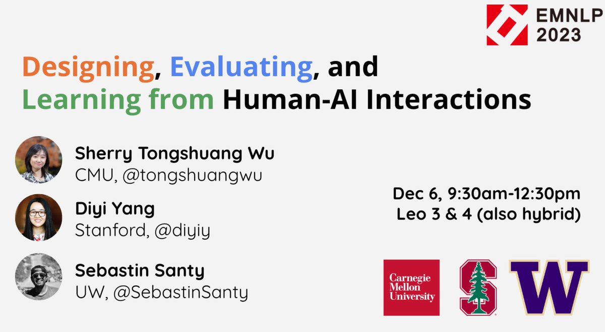 Ever surprised by users’ unexpected behaviors? Wondered why they prefer one app over another that’s powered by the same model? Come seek for answers in our #EMNLP 2023 tutorial: “Designing, Evaluating, and Learning from Human-AI Interactions”! w/ @Diyi_Yang @SebastinSanty 1/2
