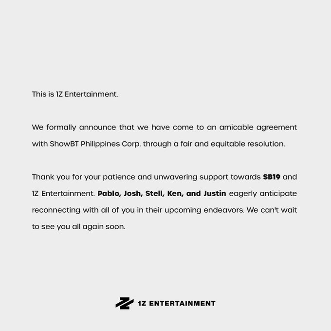 UPDATE: 1Z Entertainment says that SB19 has 'come to an agreement' with ShowBT Philippines Corp. However, the company did not give further details on the matter. (📷:1Z Entertainment/X ) | via <a href="/josiahvantonio/">Josiah Antonio</a>