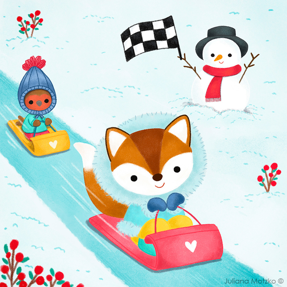 Winter Fun!
Another illo for the fabulous #WinterEmojiArt challenge:  🦊 🛷 🧤 !!
#thepenguinsfamily #fox #robin #snowman #slideracing #emojichallenge #emojiart #newartchallenge #artchallenge #kidlitart #kidlitartist #art #artist #illustration #illustrator #JulianaMotzko