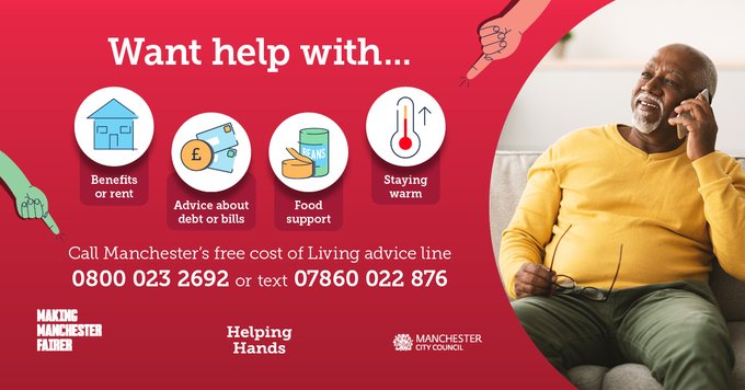 You're not alone if you need support to keep warm and well this Winter. Nobody should struggle to feed themselves or pay bills 💙

Call Manchester’s Cost of Living advice line on 0800 023 2692 or text 07860 022 876 📲

More info: manchester.gov.uk/coladvice 💻

<a href="/ManCityCouncil/">Manchester City Council</a>