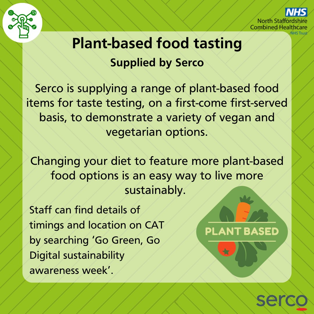 CombinedNHS's tweet photo. As part of the theme of 'Food' for #GoGreenGoDigital sustainability awareness week, Serco are providing a plant-based food taste testing session.

Combined staff are welcome to come and take part to sample various vegetarian and vegan food options.

Details can be found on CAT. https://t.co/LoN4k6Rmsn