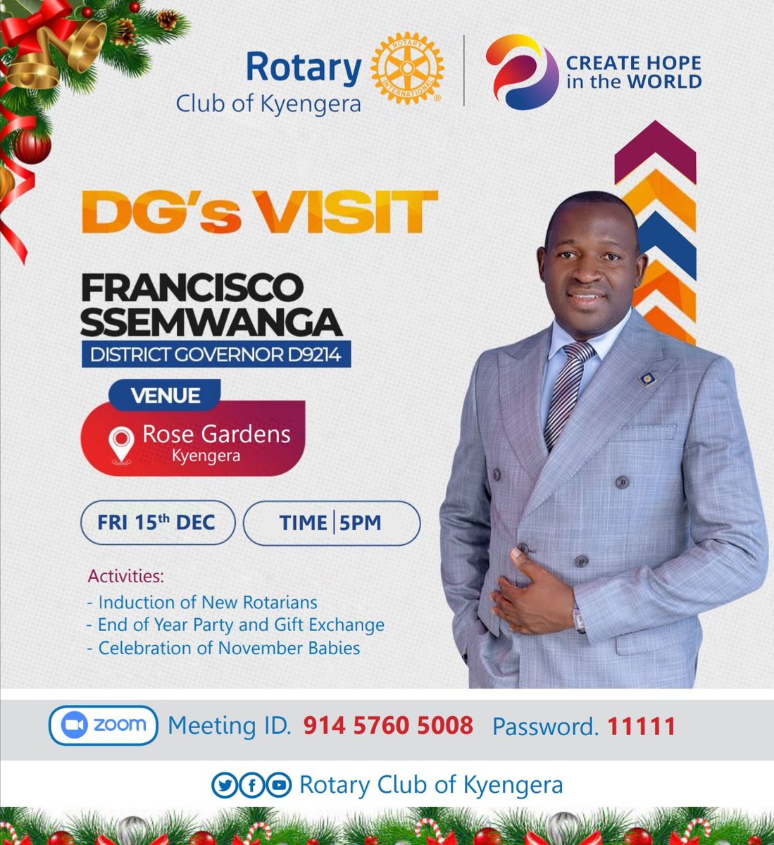 HCP Joseph Kirimanyi and Members of RC Kyengera invite you for a scheduled zoom meeting.

Topic: DG's Official Visit 

Time: Friday, 15th December, 2023 | 5:00 pm

Join Zoom Meeting
zoom.us/j/99480677248?…

Meeting ID: 994 8067 7248
Passcode: 11111