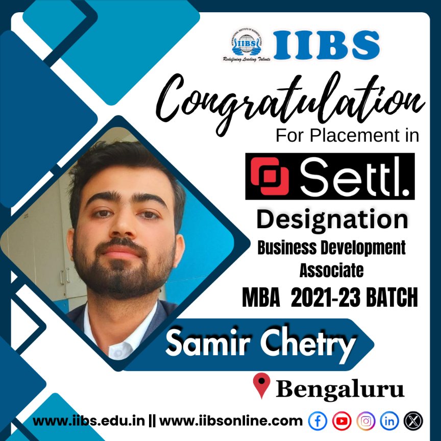 iibsonline's tweet photo. #Congratulations Samir Chetry, on your #placement as a #Business #Development #Associate at #Settl. from the #IIBS #MBA Batch of 2021-2023! Good luck with new #challenges, and continuous #growth.
#SuccessStory #NewBeginnings #IIBSMBA #businessdevelopment #placed #corporate https://t.co/2nOl7bzX6o