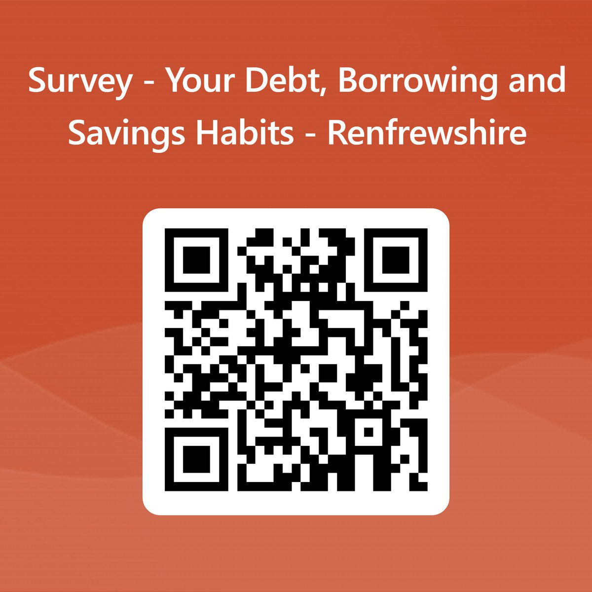 EngageNews1's tweet photo. @RenfrewshireAf1  needs your help. If you are age 18+ and live in Renfrewshire we invite you to participate in our Debt, Borrowing and Savings Survey. The survey is anonymous so you cannot be identified. You can find the survey by scanning the QR code below. Thank you! https://t.co/BzuqnCK5WC
