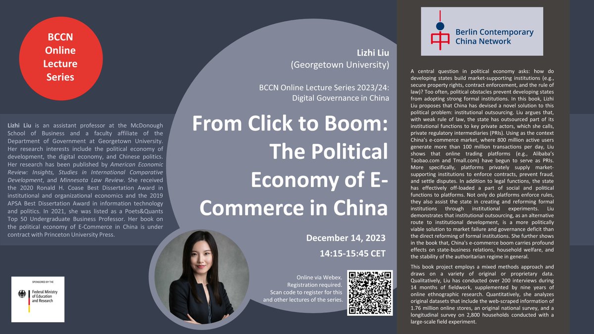Berlin Contemporary China Network (BCCN) (@berlinbccn) on Twitter photo Join us on Dec 14 to discuss with <a href="/LizhiLiu4/">Lizhi Liu @lizhiliu.bsky.social</a> the political economy of e-commerce in China!
🗓️Thursday December 14, 14:15-15:45 CET
Register here: fu-berlin.webex.com/webappng/sites… Join us on Dec 14 to discuss with <a href="/LizhiLiu4/">Lizhi Liu @lizhiliu.bsky.social</a> the political economy of e-commerce in China!
🗓️Thursday December 14, 14:15-15:45 CET
Register here: fu-berlin.webex.com/webappng/sites…