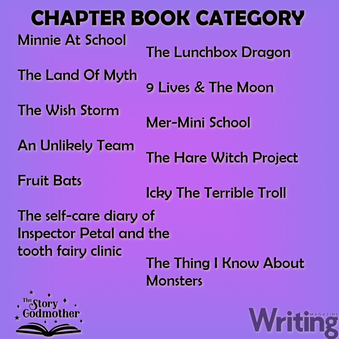 **WRITING MAGAZINE CHILDREN'S BOOK PRIZE LONGLIST: CHAPTER BOOKS***

Congratulations to the writers of the stories below! Please do celebrate your achievement but don't mention your book title! Longlisted writers will be contacted by <a href="/WritingMagazine/">Writing Magazine</a> soon. 

#StoryGodmother