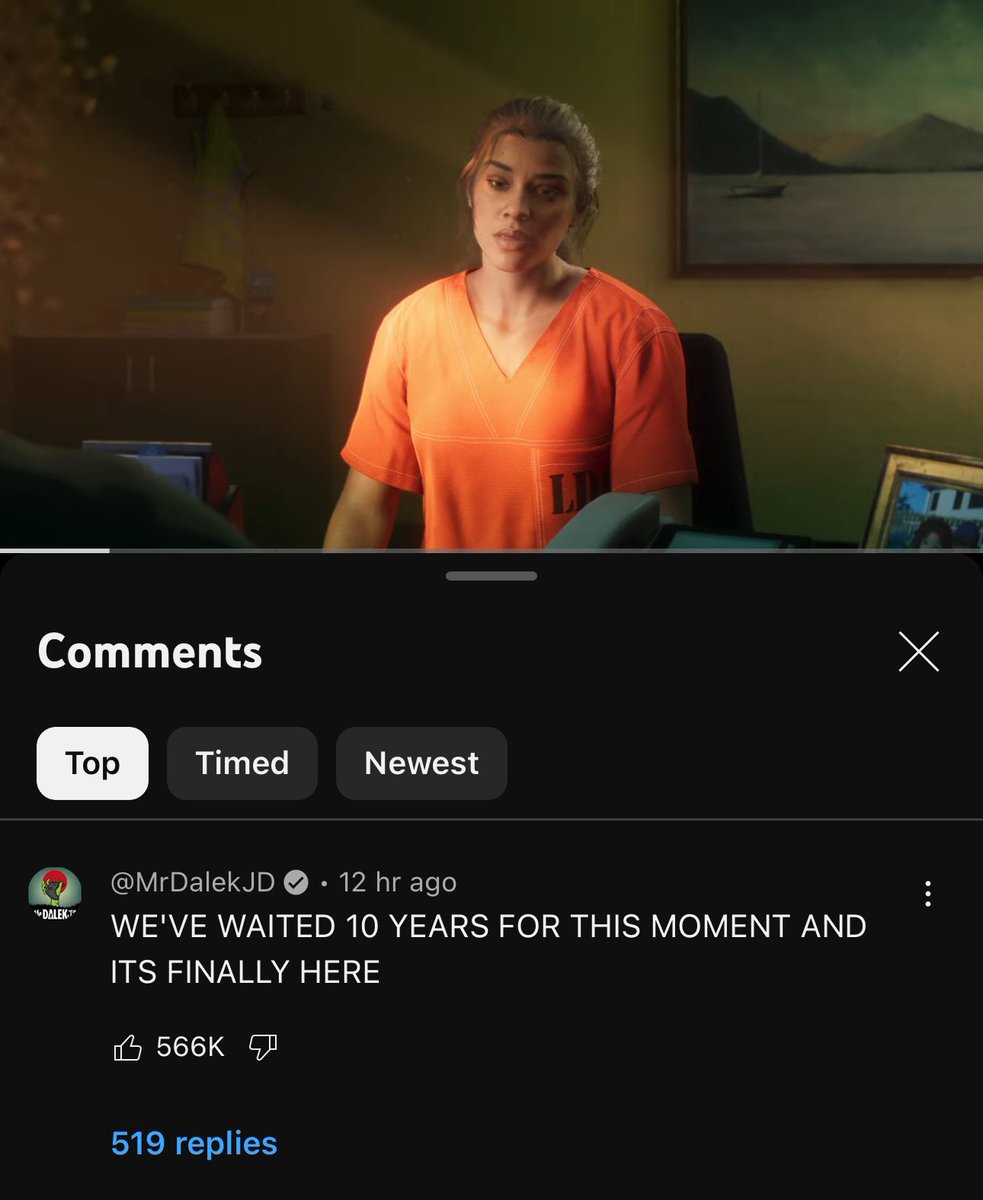 MrDalekJD's tweet photo. MY COMMENT ON THE GTA 6 TRAILER HAS 566k LIKES PUTTING ME IN THE TOP 60 MOST LIKED COMMENTS IN YOUTUBE HISTORY LMAO LETS GOOO 🙌🏻 https://t.co/jT8tS2ifDJ