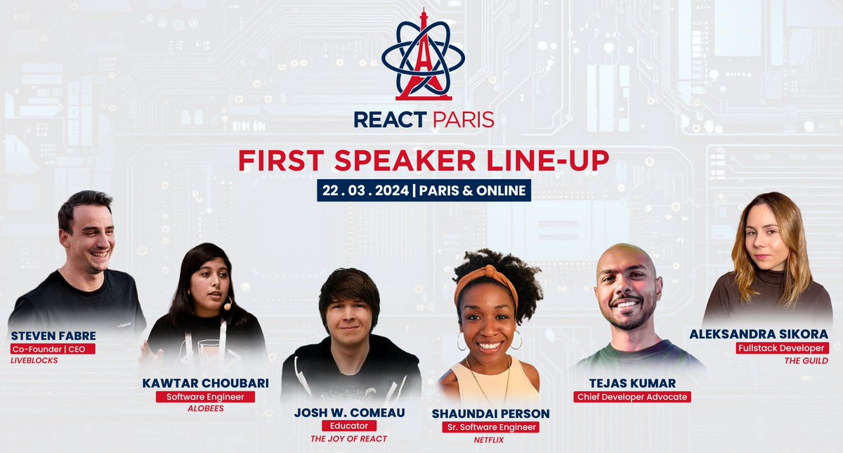 BeJS (@bejs_) on Twitter photo Happy to announce #ReactParis 1st #speaker wave 🤩
Welcome to <a href="/JoshWComeau/">Josh W. Comeau</a> <a href="/shaundai/">Shaundai Person</a> <a href="/TejasKumar_/">Tejas Kumar</a> <a href="/aleksandrasays/">Aleksandra</a> <a href="/stevenfabre/">Steven Fabre</a> <a href="/choubari_/">Kawtar CHOUBARI ⚛</a> , we look forward to our #Parisian vibes !
📢Happy News🤪:
1st🎟️ Wave : Sold Out
Early Bird🎟️: On Sale👉🏼ti.to/bejs/react-par…
#React Happy to announce #ReactParis 1st #speaker wave 🤩
Welcome to <a href="/JoshWComeau/">Josh W. Comeau</a> <a href="/shaundai/">Shaundai Person</a> <a href="/TejasKumar_/">Tejas Kumar</a> <a href="/aleksandrasays/">Aleksandra</a> <a href="/stevenfabre/">Steven Fabre</a> <a href="/choubari_/">Kawtar CHOUBARI ⚛</a> , we look forward to our #Parisian vibes !
📢Happy News🤪:
1st🎟️ Wave : Sold Out
Early Bird🎟️: On Sale👉🏼ti.to/bejs/react-par…
#React
