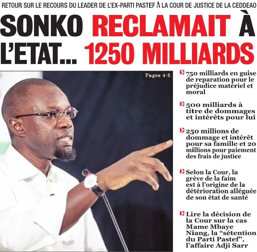 fofbachir's tweet photo. Mame Mbaye Niang avait  obtenu 200 millions de dommages et intérêts !! Certains demandaient pourquoi réclamer autant d'argent s'il ne voulait que laver son honneur. 
Alors Ousmane Sonko? Pourquoi demander 1250 milliards FCFA s'il ne s'agit que de respect de ses droits? https://t.co/4zSQG1kreg