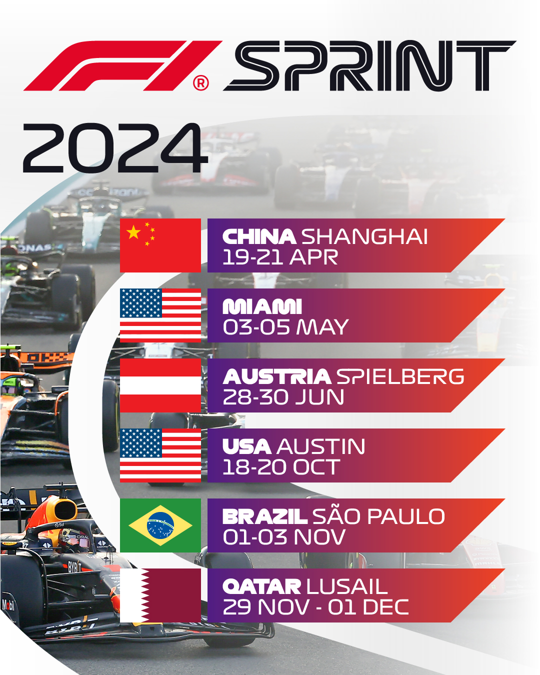 Formula 1 on X: Introducing the 2024 #F1Sprint Calendar! 👊 Six venues  will host F1 Sprint events during the 2024 FIA Formula 1 World Championship  season. #F1 #Formula1  / X
