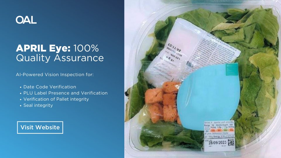 OAL (@oalgroup) on Twitter photo We like to keep a close eye on things at OAL 👁️
With our AI-based vision tool, APRIL Eye, we guarantee 100% product quality.
Check product labels, quantities, structural integrity, freshness, and more - all with total simplicity.
Discover more: oalgroup.com/april-eye We like to keep a close eye on things at OAL 👁️
With our AI-based vision tool, APRIL Eye, we guarantee 100% product quality.
Check product labels, quantities, structural integrity, freshness, and more - all with total simplicity.
Discover more: oalgroup.com/april-eye