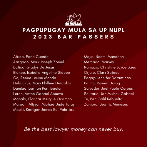 nupl_uplaw's tweet photo. PAGPUPUGAY SA MGA BAGONG ABOGADO NG BAYAN! โ๐ป
Malugod na binabati ng UP NUPL ang mga miyembro nitong pumasa sa 2023 Philippine Bar Examinations!
Mga bagong abogado ng bayan, paglingkuran ang sambayanan!
#Bar2023
#HernanDidIt
#ParaSaBarYan
#UPLawFight https://t.co/jiahTmQnwN