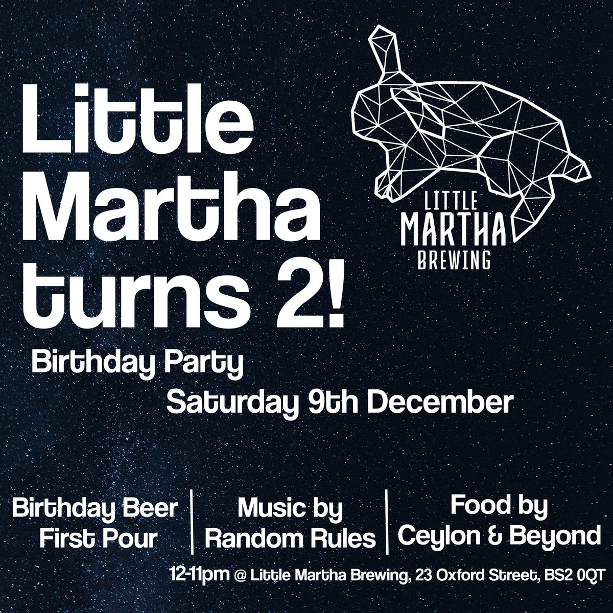It's our birthday! It's flown by but Little Martha turns two this month and on Saturday we celebrate 🎉

We've got a brand new birthday beer launch (👀), we'll be serving Mysterious on CASK for one day only, plus great tunes and delicious food. Come and join us!