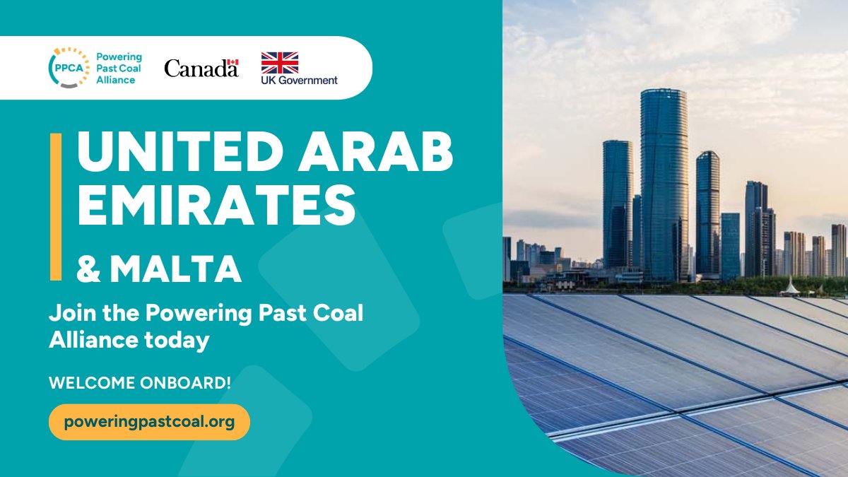 BREAKING: #COP28 Presidency holder, United Arab Emirates🇦🇪 joins the PPCA today, alongside Malta. Together, we will drive actions on #coal phase-out at this COP. The task is to secure a global agreement on #nonewcoal and coal phase-out in line with 1.5°C. poweringpastcoal.org/press-releases…