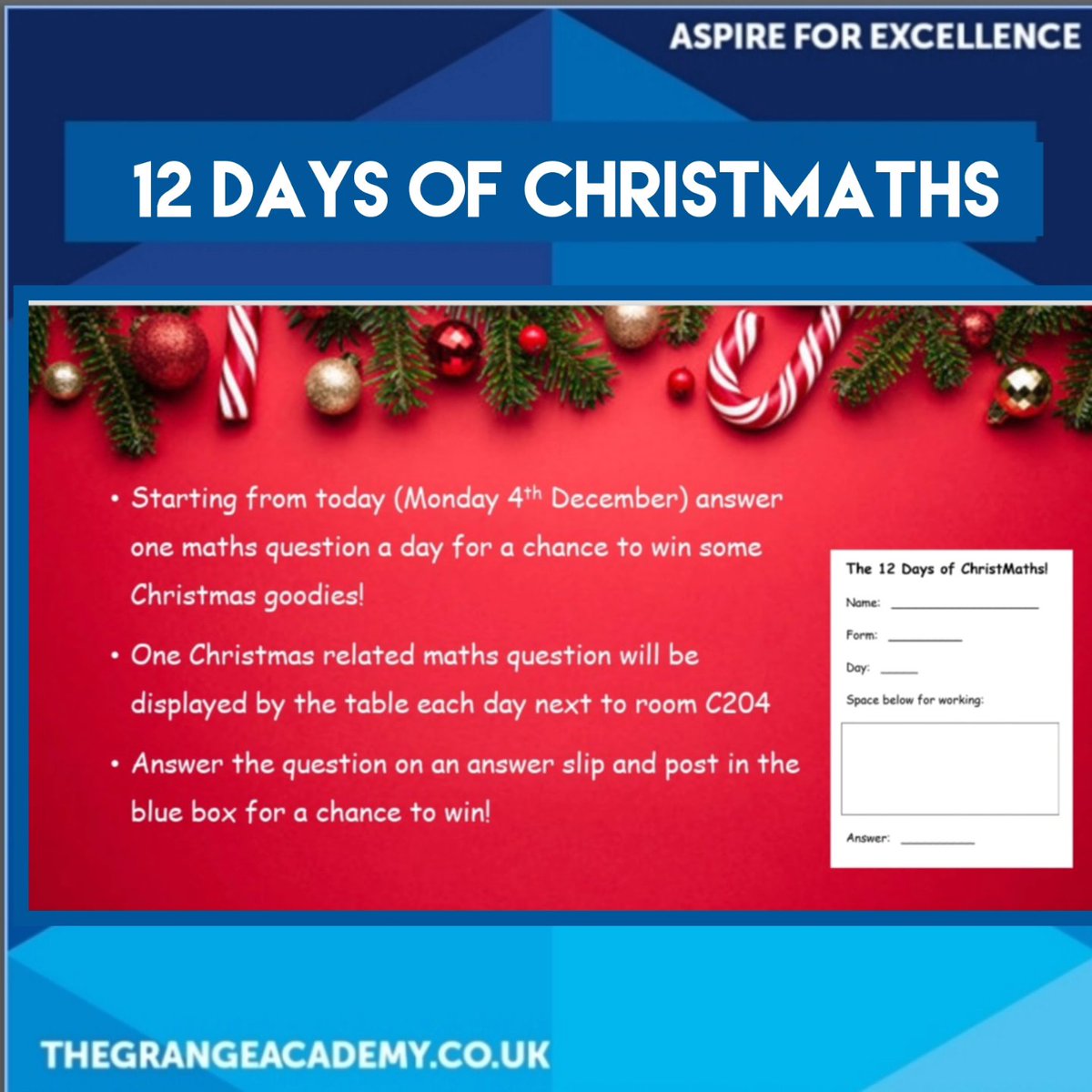 TheGrange_maths's tweet photo. A question a day for the 12 days of ChristMATHS. 
Answers in the box for today's question, outside Mr McCulloch's classroom C204
#thegrangeacademy 
#aspireforexcellence 
#12daysofchristmaths https://t.co/Bb6o7aEjMN