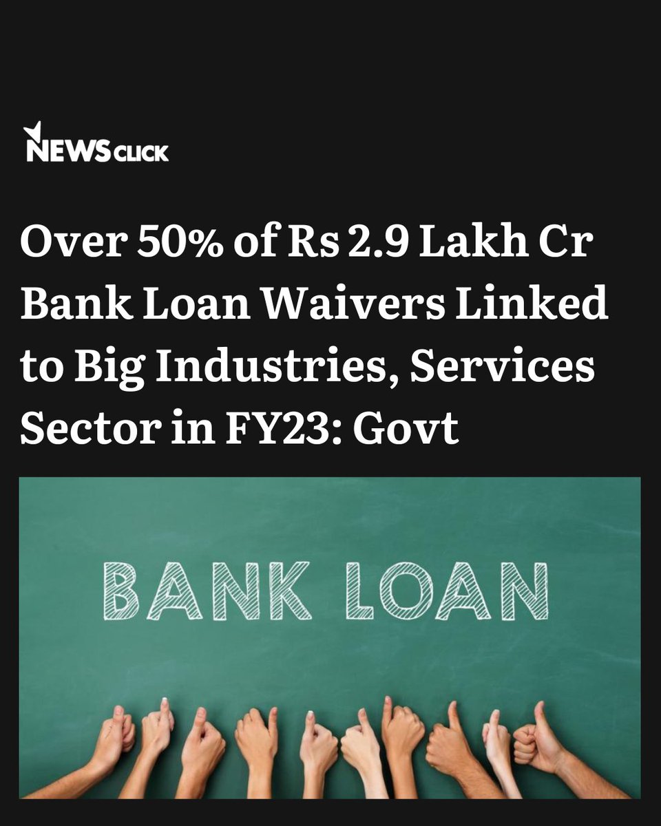 newsclickin's tweet photo. In the past five years, banks have written off nearly Rs 10.6 lakh crore, out of which nearly 50% belong to large industrial houses.
https://t.co/IkEkBka8gX
#badloans #banknpa #economy #servicessector #largeindustries #NewsClick https://t.co/L0pCqBCICw