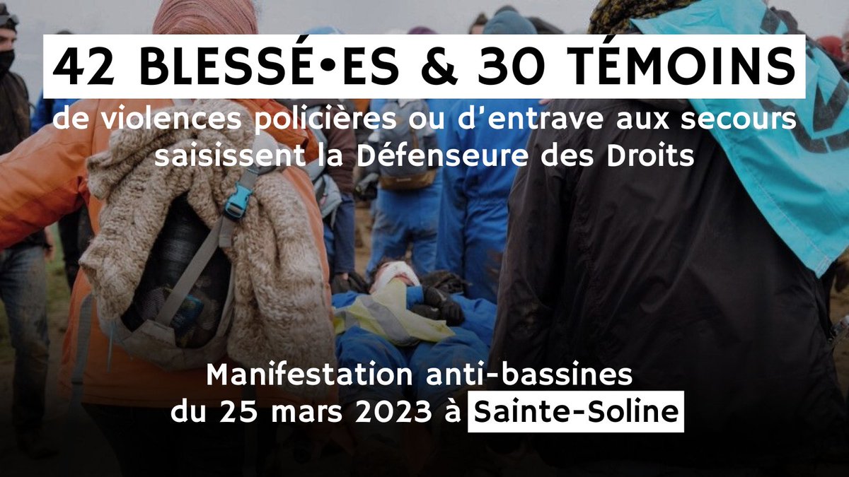lessoulevements's tweet photo. Manifestation du 25 mars 2023 à #SainteSoline 

42 blessé•es et 30 témoins de violences policières ou d'entrave aux secours par la gendarmerie saisissent la Défenseure des Droits.

➡️ Dossier anonymisé : https://t.co/0vWWLr462f (le dossier complet fait 163 p.)

Communiqué 🧶⤵️ https://t.co/rWOlptnthB