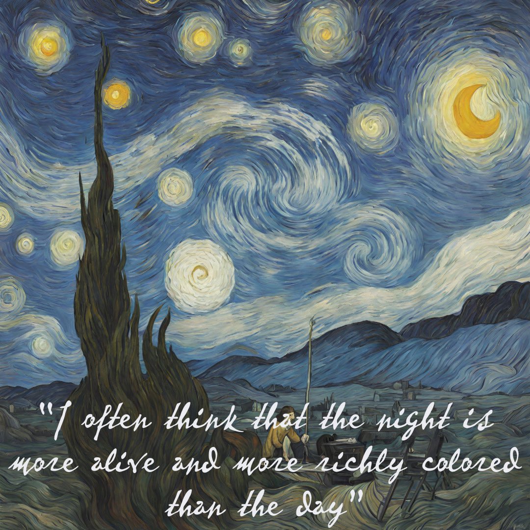 Throughout his life, Van Gogh created many incredible works of art and left behind a wealth of inspiring quotes. His art and words continue to inspire artists and art-lovers around the world to this day.

*ai generated image, not part of the exhibition*

#VanGogh #starrynight