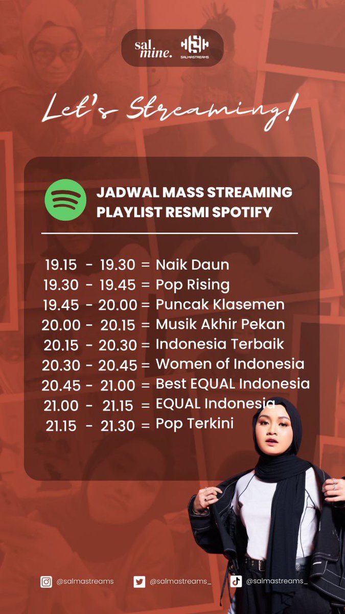 salmastreams_'s tweet image. Kita mulai mass streaming #BungaHatiSalmaSalsabil sesuai jadwal dan playlist resmi dari @SpotifyID di jam 19.15 WIB, oke?