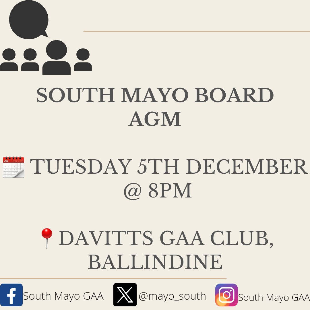 Reminder: The Annual Convention of South Mayo GAA Board takes place tonight Tuesday, December 5th at 8pm in @Davitts_GAA, Ballindine.