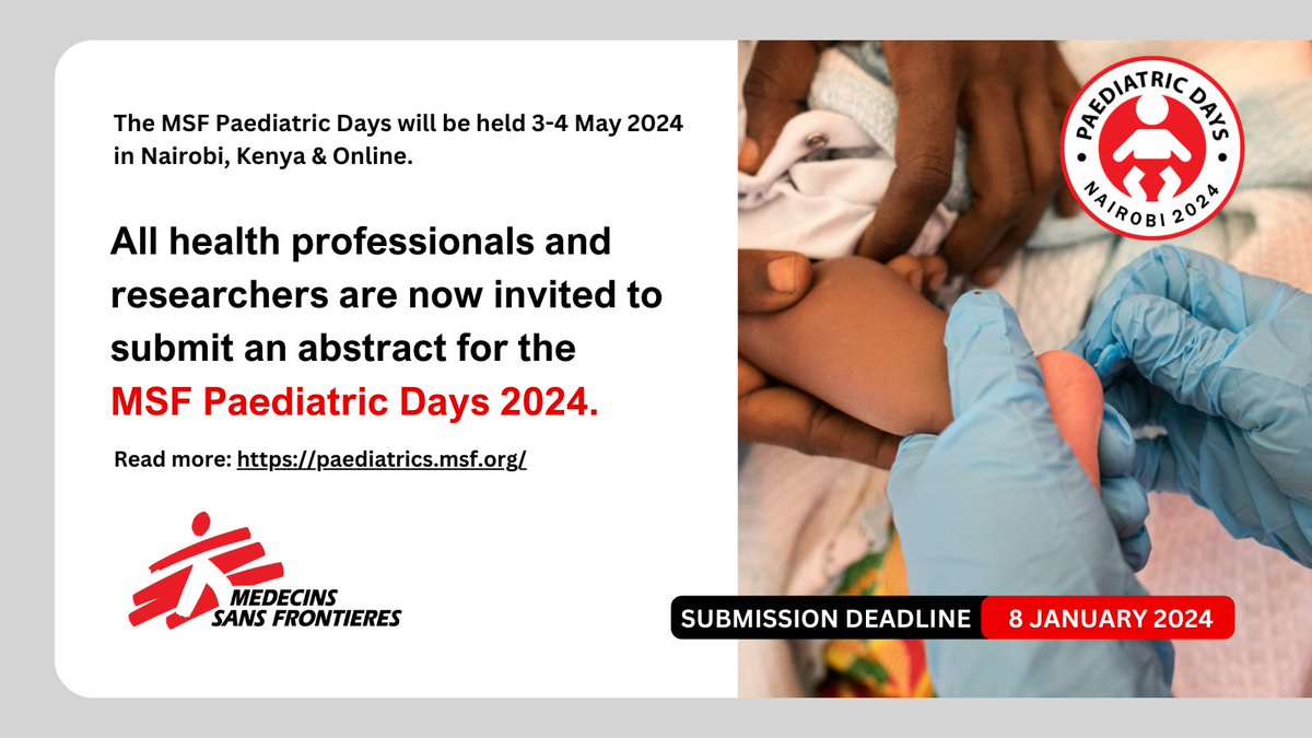 MSFPaedsDays's tweet photo. 📢Call for abstracts extended until January 8!

The @MSF #PaediatricDays2024 draws special focus on #paediatricHIV #vaccination &amp; #nutrition and we welcome abstracts in the areas of paediatrics, neonatology and adolescent health.

Read more &amp; submit 📥➡️https://t.co/XfA1CgFIVa https://t.co/dQ1CGBbH1k