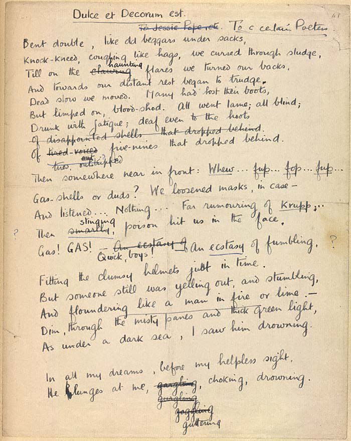MsClaire_Cotter's tweet photo. I like to show students Wilfred Owen’s manuscript of Dulce et Decorum Est. Everyone drafts, even the very talented. https://t.co/9R2JvzcMe5