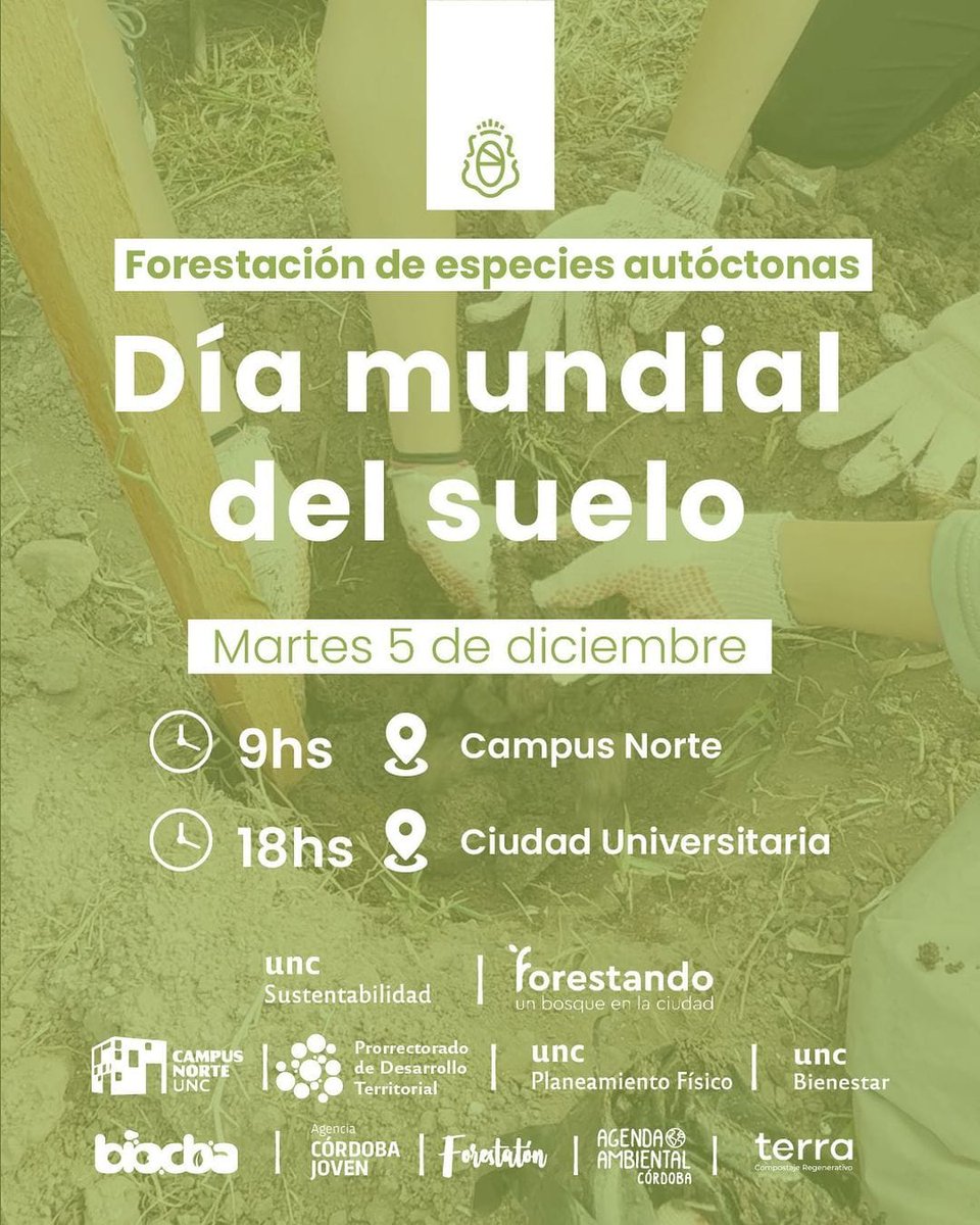 ¡Hoy es el #DíaMundialDelSuelo! 🌎

Un día para recordar la importancia de este recurso vital para la vida en el planeta.

En #Córdoba, nos sumamos a la iniciativa de la UNC para plantar árboles en la Ciudad Universitaria y Campus Norte.

¡Te esperamos!
👉🏽forms.gle/Yvt8By98nW6XfR…