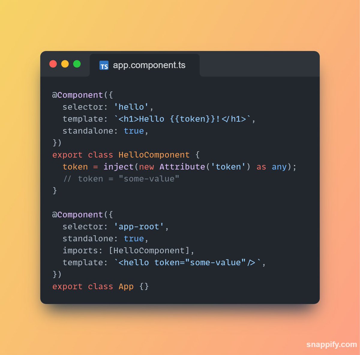 Jean__Meche's tweet image. #Angular&apos;s dependency injection is really powerful ! 

You can use DI to access component attributes. 

stackblitz.com/edit/angular-a…