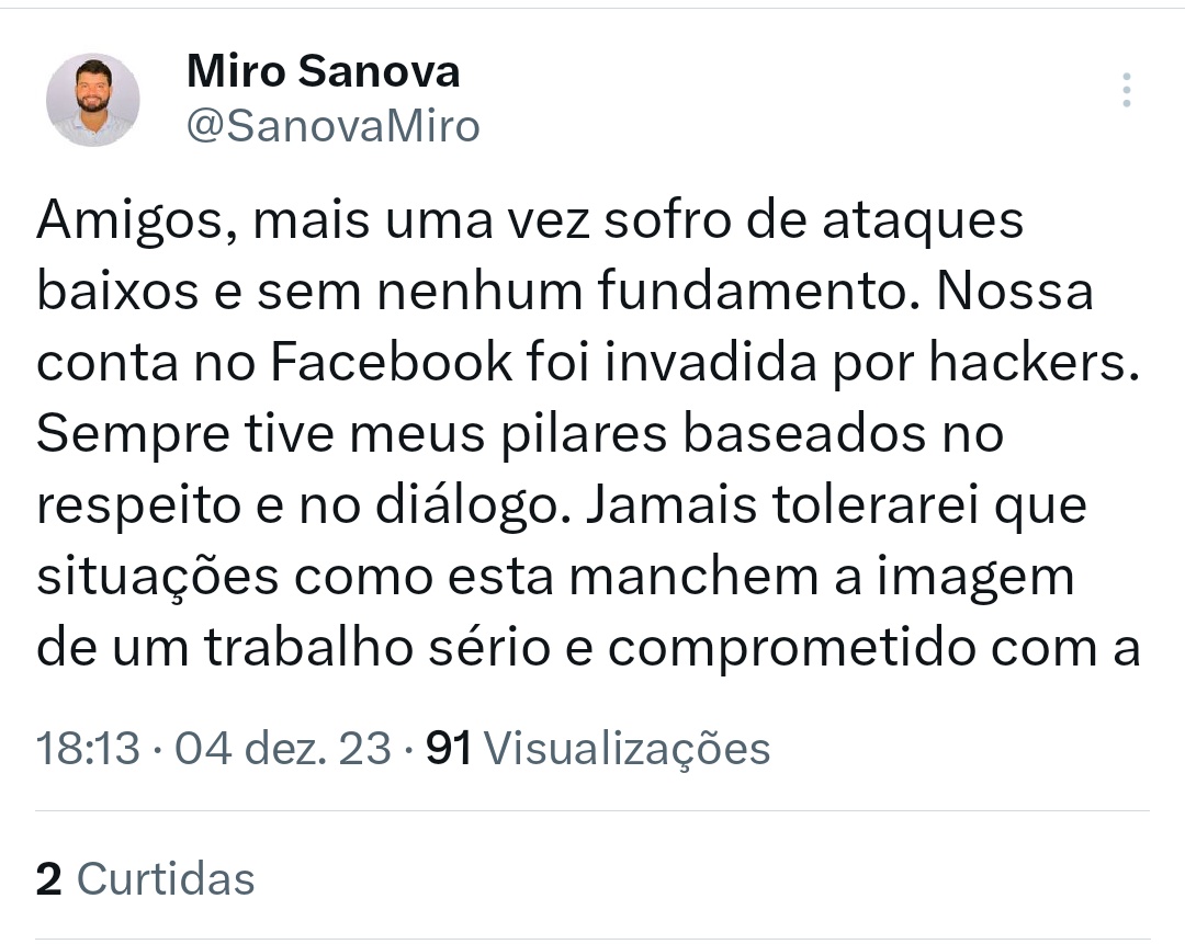 NoticiasdoPARA's tweet photo. O ex-deputado e atual Presidente da Funtelpa @SanovaMiro teve a conta do Facebook Hackeada. Criminosos postaram fotos de nudes de mulheres no Story de Miro. O presidente da Funtelpa se manifestou pelo X . https://t.co/wV7nuzlVwM