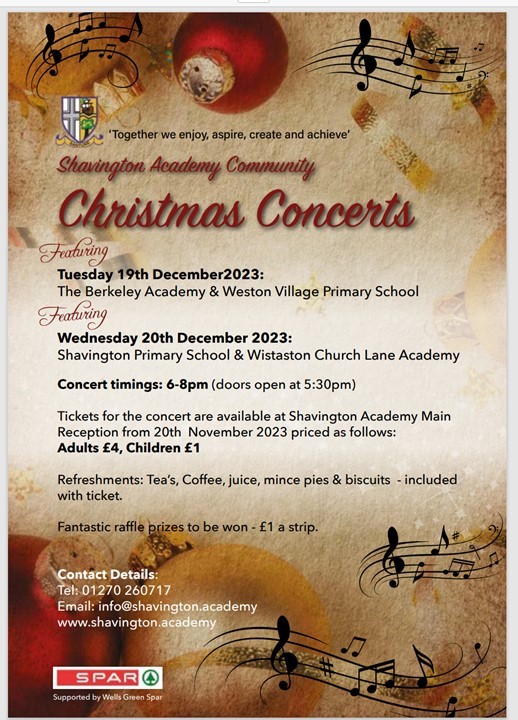 As always at this time of year, we are very much looking forward to our Community Christmas Concerts.  Tickets are available from our main reception. Please do come and join us #ShavingtonSpirit #berkeleyacademy #westonvillageprimary #shavingtonprimary #wistastonchurchlaneacademy
