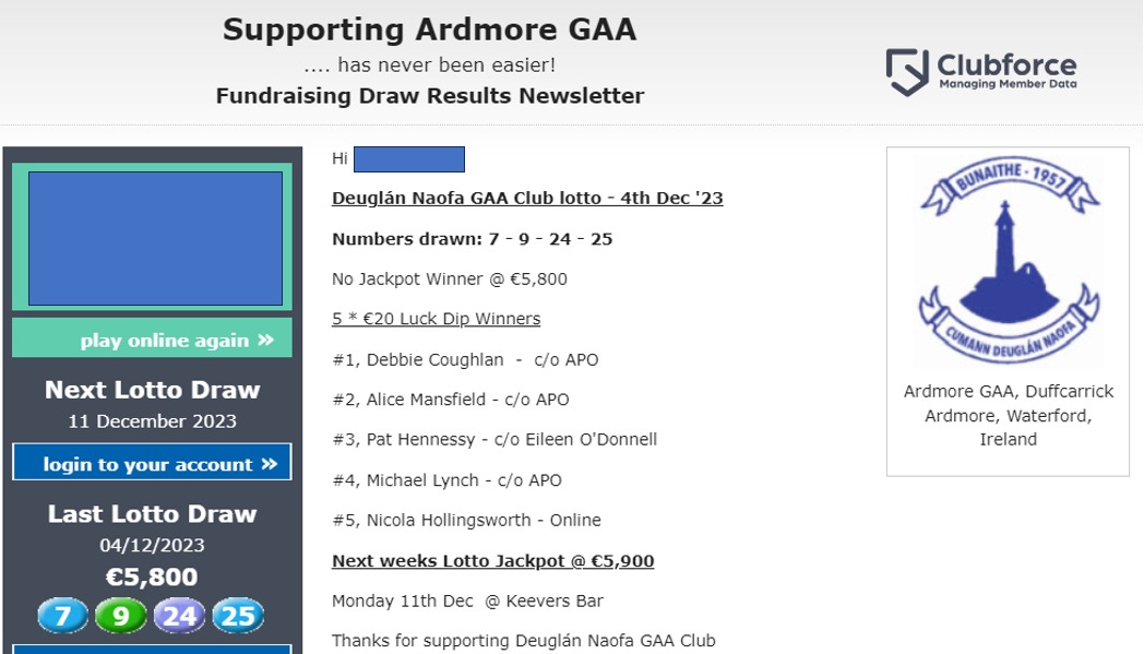 Club Lotto Results from Round Tower Hotel Ardmore " Monday 4th Dec '23.  No Jackpot winner of €5,800.  Next weeks lotto now stands at €5,900💸 You can purchase your tickets at our usual outlets or online @ play.clubforce.com/play_newa.asp?….  #ardmoregaa 🔵🇮🇪⚪️