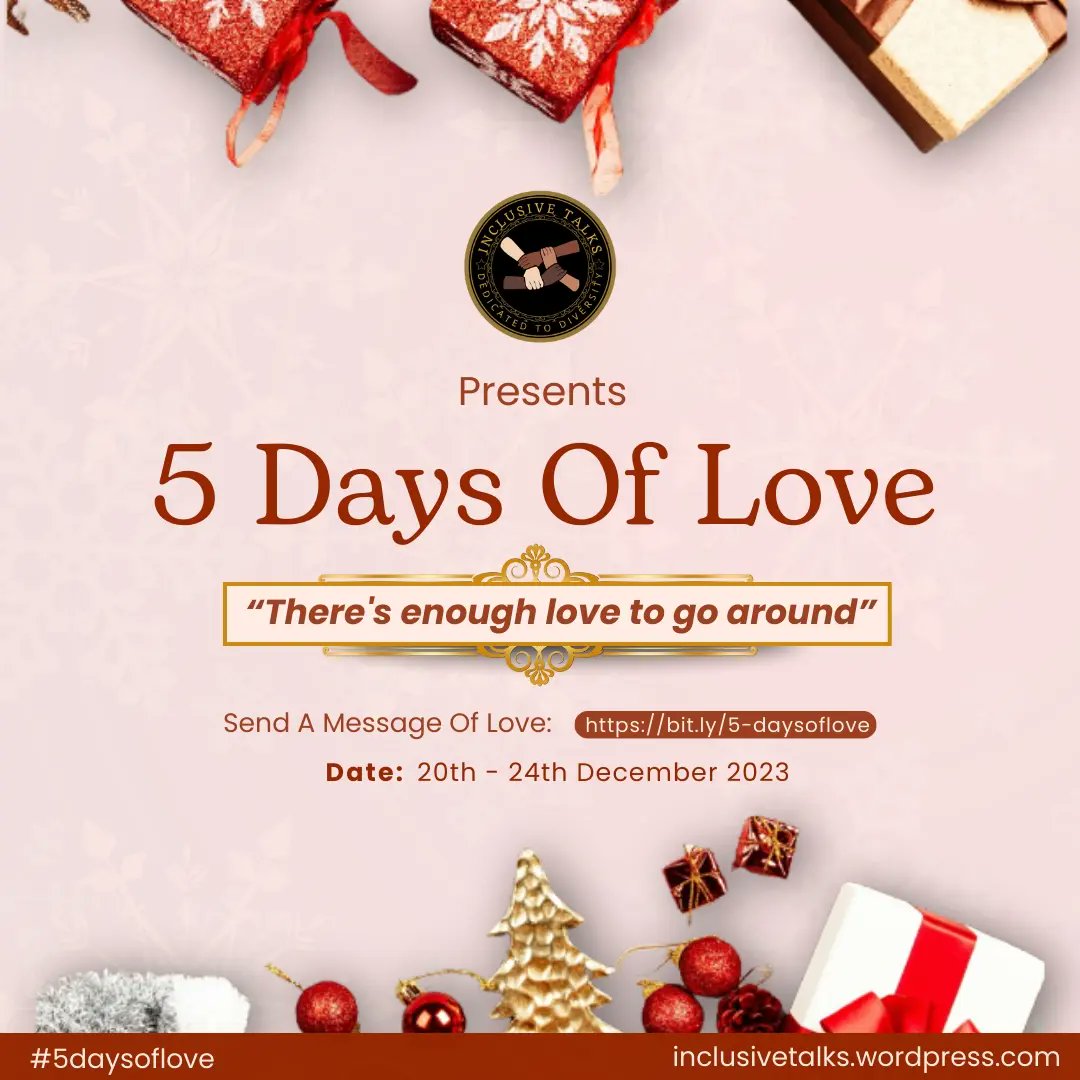 InclusiveTalks's tweet photo. #5daysoflove 2023 is finally here🥂😍

Here's your chance to share unconditional love with others.

Send a message of hope and love to someone today.
Brighten someone's Christmas🎄☃️

REMEMBER: AN ENCOURAGING MESSAGE FROM YOU CAN LIFT SOMEONE'S SPIRITS💛💛 https://t.co/SaXYpBqO1z