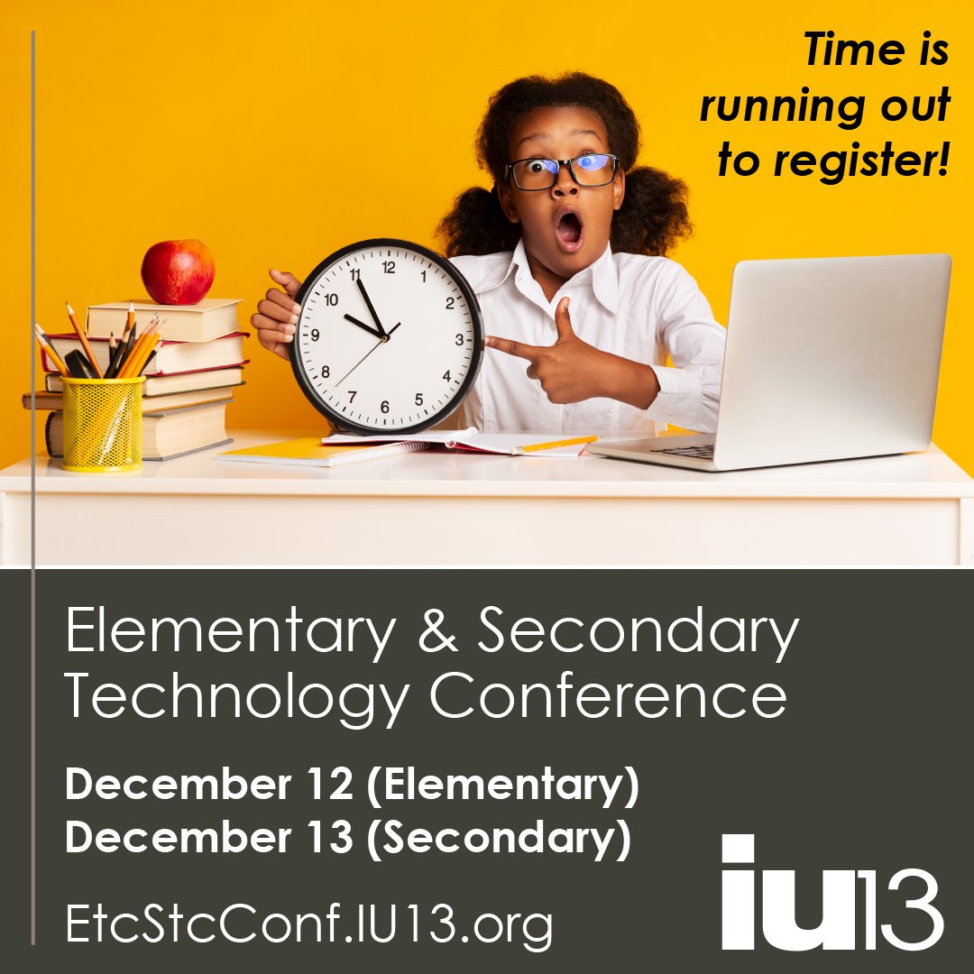 IU13EdTech's tweet photo. Educators! ⏰ Today is the LAST DAY to register for the Elementary &amp; Secondary Tech Conference! Don’t miss this exciting educator event filled with inspiration and collaboration.
Learn more and register:
https://t.co/bm5ucBASJG.
#iu13ETC #iu13STC https://t.co/rE2aEoYK2B