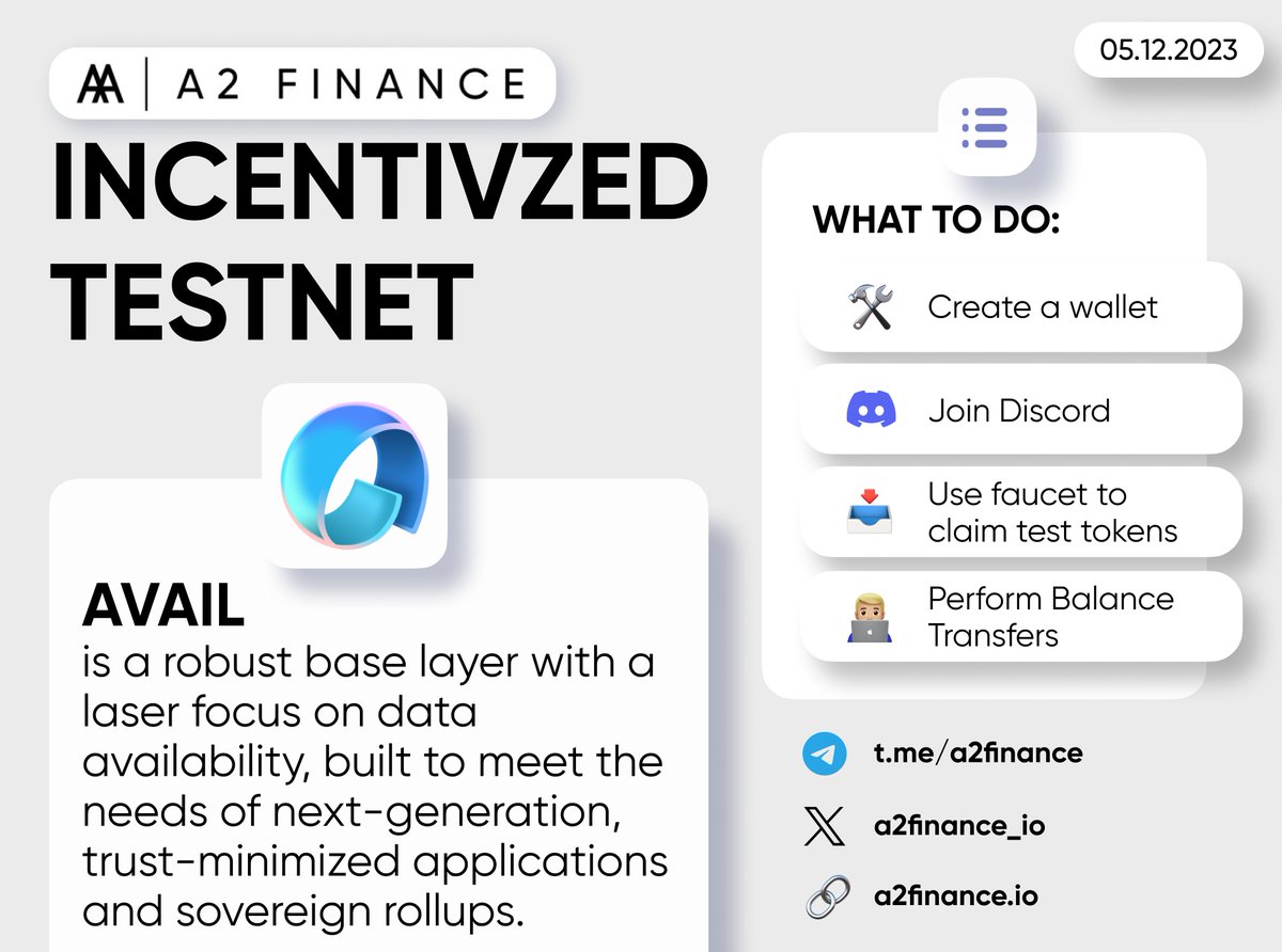 Avail announced #IncentivizedTestnet

@AvailProject is a robust base layer with a laser focus on #data availability, built to meet the needs of next-#generation, trust-minimized #applications and sovereign #rollups.

1/2