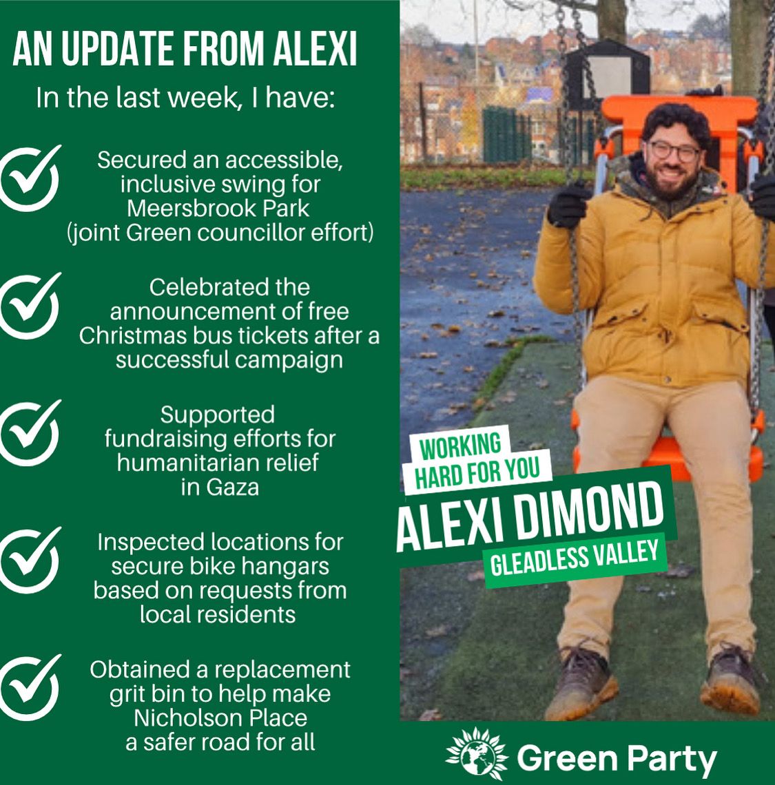 ✅ Keep swinging by our page to keep updated on all the great work our Green Councillors are doing 💪 Working hard all year round!