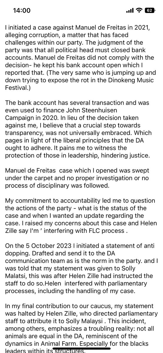 mbalimcdust's tweet photo. When I ran for DA leader in 2020 I was made aware from various quarters that party money was being used to Fund John Steenhuisen’s campaign. This was in direct violation of party rules.

During that campaign every move I made was countered with new rules and rules being amended to hinder my campaign. In some instances to test the party I would do the same breaking of the rules as my opponent only for neither of us to be sanctioned but rather for a blanket ruling to be made.

I had knowledge of many other instances over the years of the type of opponent I was running against and the lows they were willing to stoop.

So it did not surprise me  when during the campaign people would send me salacious information including but not limited to campaign finances to use against him. I chose not to use it because it ultimately wouldn’t have made a difference, people were scared to be identified (obviously) and instead it would have made me seem like I was willing to win by using personal attacks rather than the merits of my program of action. 

It is therefore unsurprising but still disappointing to find that in fact one the matters raised by the DA’s newly fired MP Tsepo Mhlongo is that he ruffled feathers by pointing out that a fellow MP used party funds to fund John’s campaign. I don’t know the extent of this charge but tracks with the rules for some and not others of this current political leadership of the DA. 

I wish Tsepo and others had had the courage at the time to say these things. Some of us always did even when we knew it was to our detriment to speak up for others and to tell the truth. 

For me personally it would have been great to have fought an election without having the party machinery, structures and money being used inappropriately to skew things in favour of one candidate. There’s nothing more frustrating than knowing you haven’t had a fair chance at something. I say this without being naive about general politics of course, nothing is fair but cheating is loserish behaviour. 

 Anyway one knew in finality once the voting system was changed, despite my team showing how easy it was to rig, that the vote was a done deal. 

To be clear I have no idea about the charges against Tsepo. I’m just commenting on this specific issue. 

The DA still has good people but boy oh boy do some of the top leadership make it stink.