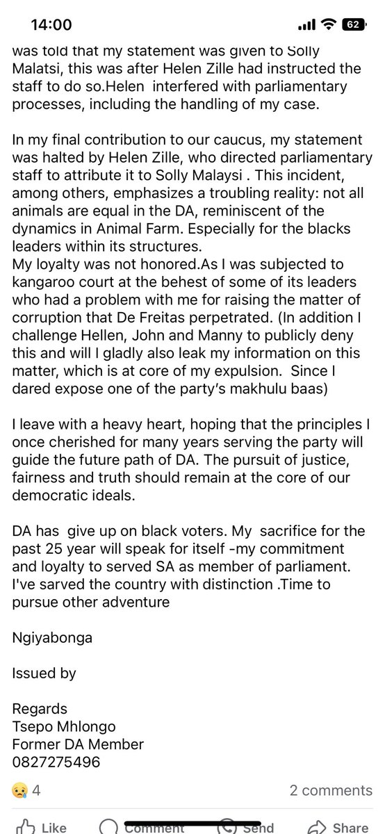 When I ran for DA leader in 2020 I was made aware from various quarters that party money was being used to Fund John Steenhuisen’s campaign. This was in direct violation of party rules.

During that campaign every move I made was countered with new rules and rules being amended
