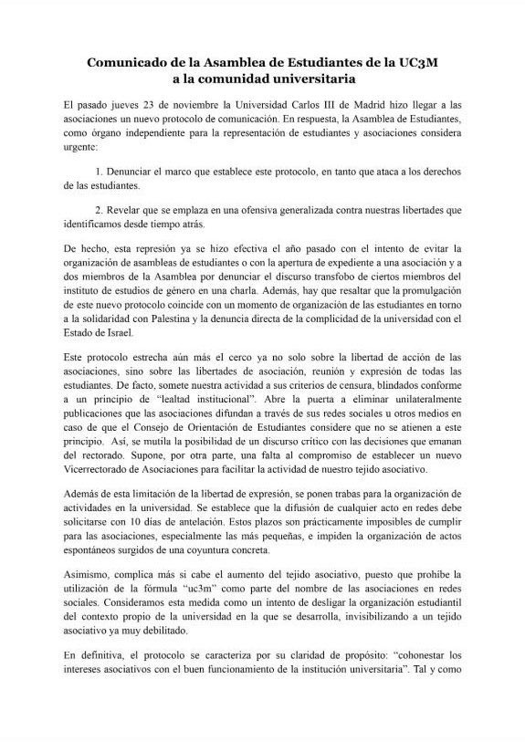 Contrac_Mad's tweet photo. 🔴COMUNICADO DESDE LA ASAMBLEA DE ESTUDIANTES  DE LA UC3M🔴

El nuevo protocolo de comunicación es otro ejemplo de la universidad atacando nuestros derechos. Vamos a seguir organizando nuestra actividad de manera independiente al rectorado del lado de estudiantes y trabajadores. https://t.co/T1RIhcwRhr