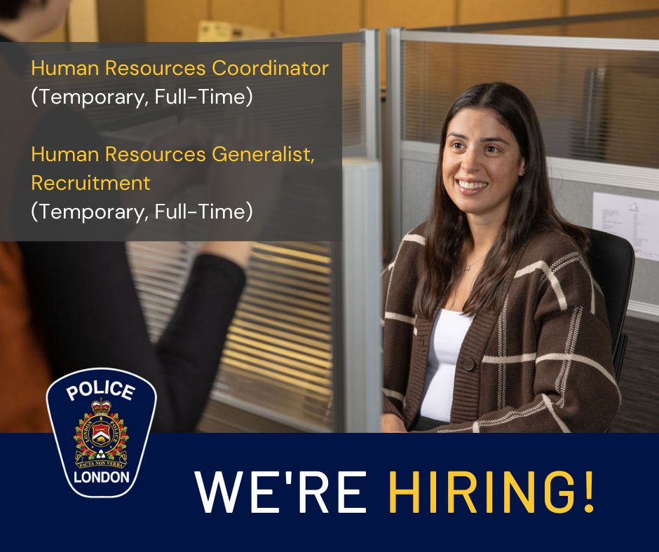 The London Police Service is currently hiring a Human Resources Coordinator and a Human Resources Generalist. To learn more about the roles or to apply, visit 👉 bit.ly/2Z8l8bY #LdnOnt #Careers