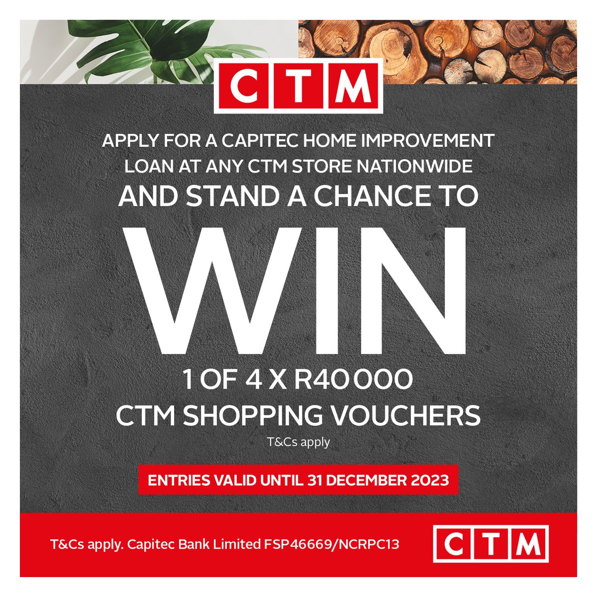 ctmafrica's tweet photo. Capitec is here to help you take the next step in making your dream home a reality. With up to R500 000 Credit, it’s never been easier! Apply now and you could stand a chance to WIN 1x4 R40 000 CTM Shopping Vouchers!
Ts&Cs Apply
#CTM #40YearsOfCTM #YearEndSale #CTMxCapitec https://t.co/z65Hd1Zieq