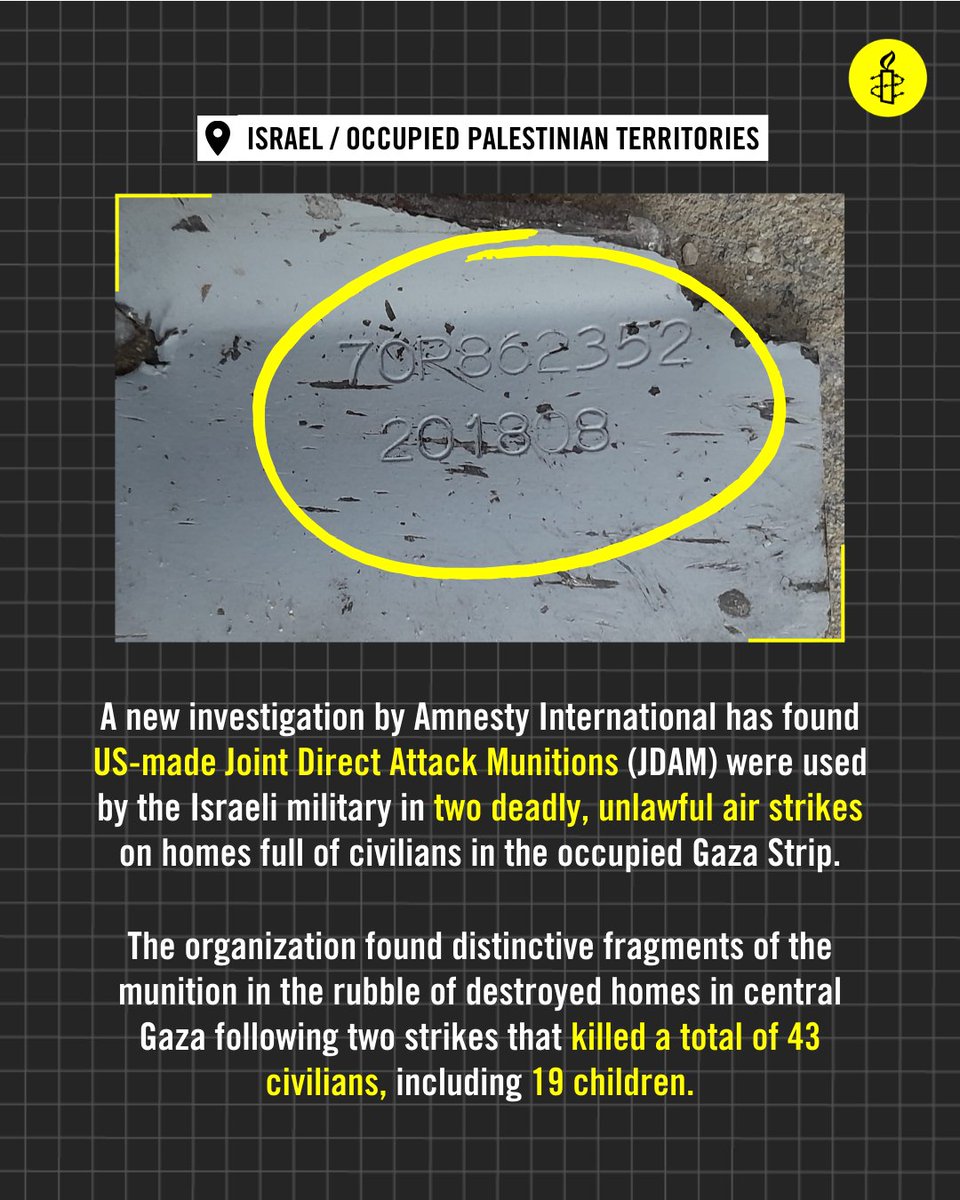 A new investigation by Amnesty International has found US-made Joint Direct Attack Munitions (JDAM) were used by the Israeli military in two deadly, unlawful air strikes on homes full of civilians in the occupied Gaza Strip.