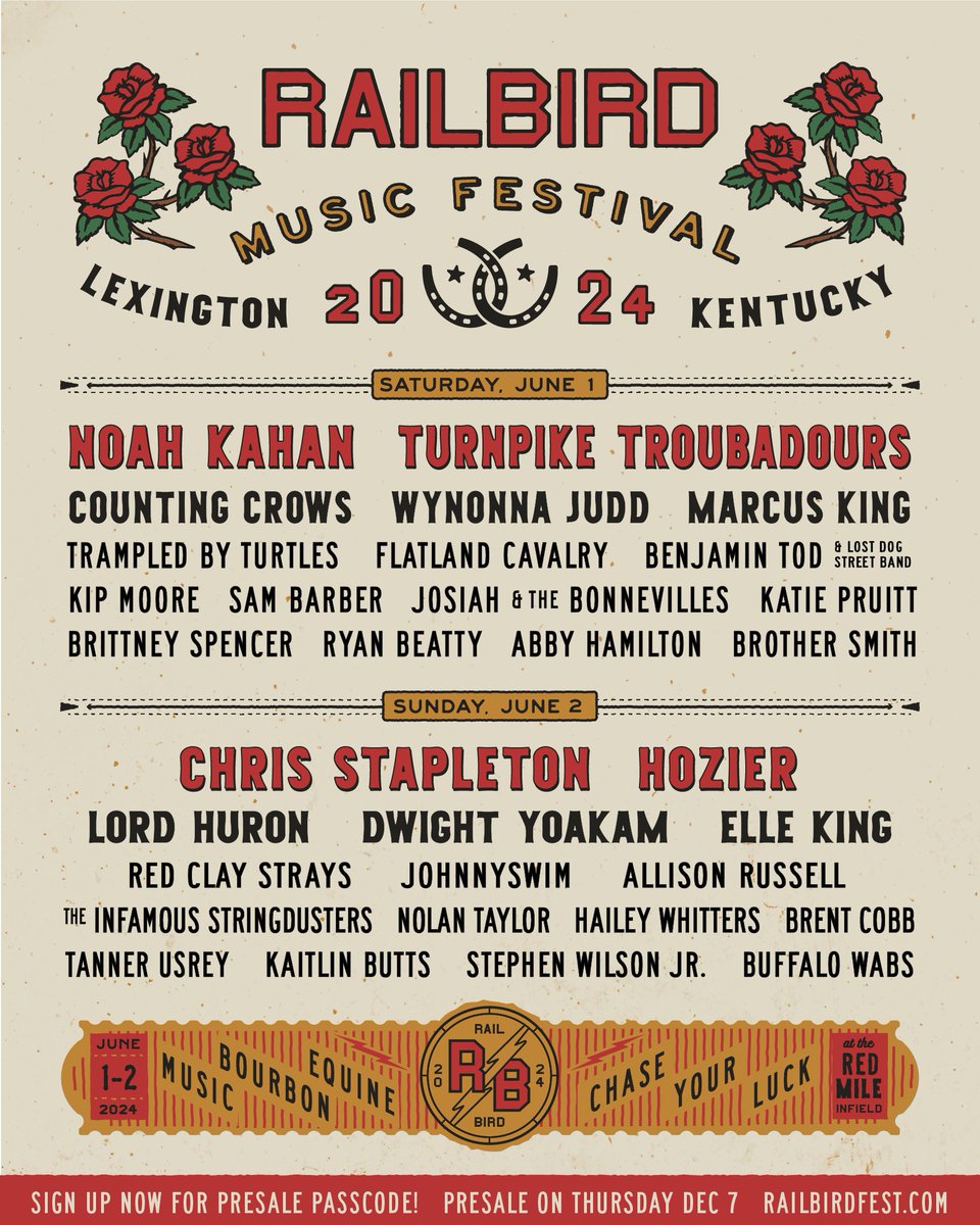 RailbirdFest's tweet photo. Your Railbird 2024 Lineup 🤠 
Sign up for a presale passcode at https://t.co/WfMNKrmtng. Presale begins Thursday, Dec 7 at Noon ET. https://t.co/YQ0Thmi8Th
